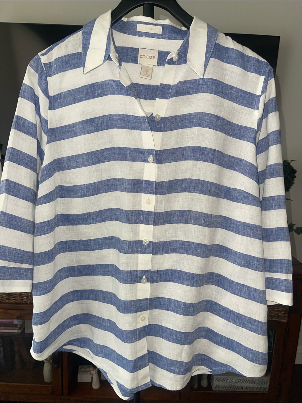 Chico's Navy & White Striped Linen Button-Up Shirt Three-quarter sleeves Size 12
